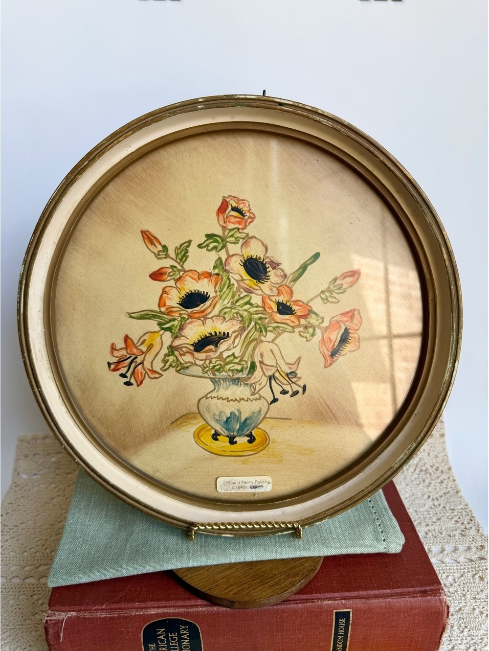Vintage 1940s Hand Painted Floral Wall Art Round Peony Painting Ivory Frame